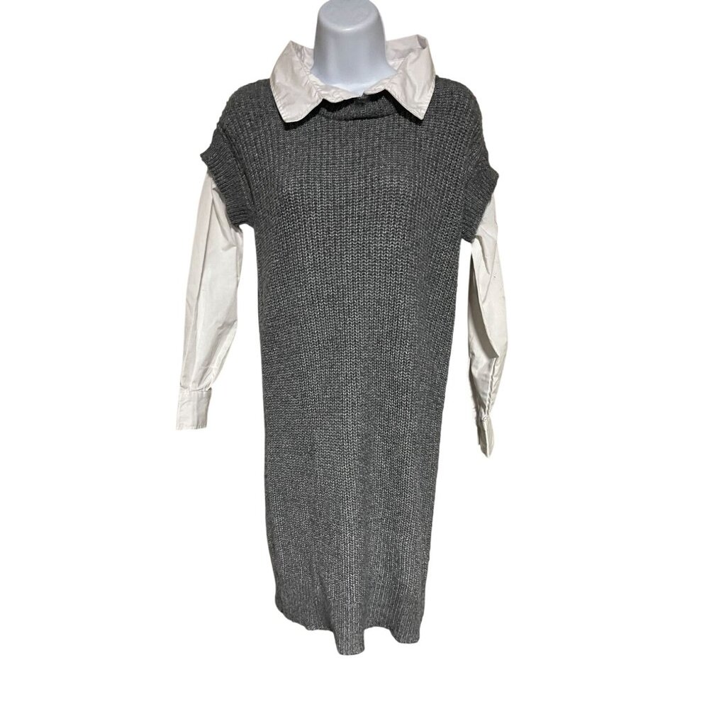 Tahari Gray Sweater Dress With White Button-Down Shirt Sleeves Size XS
